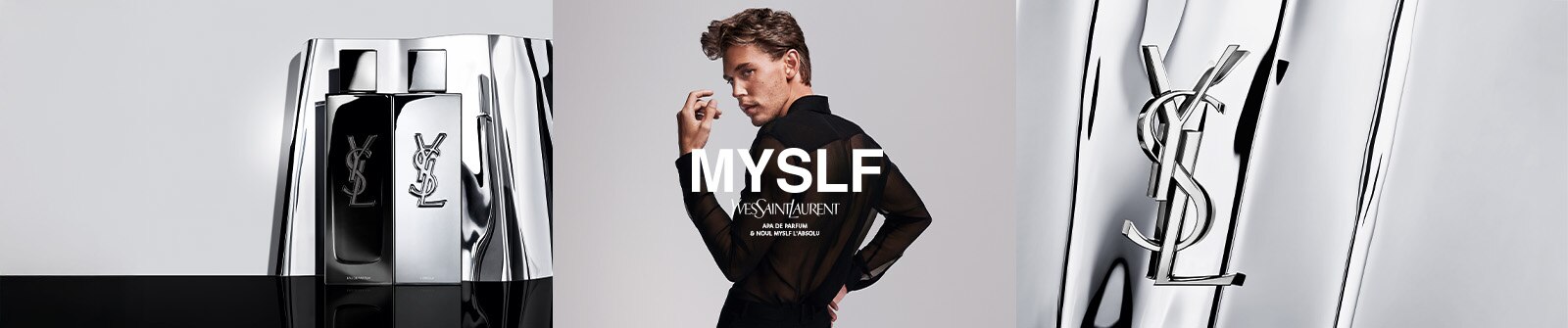 Parfumul YSL MYSLF L’Absolu în flacon negru metalic, prezentat pe fundal minimalist.